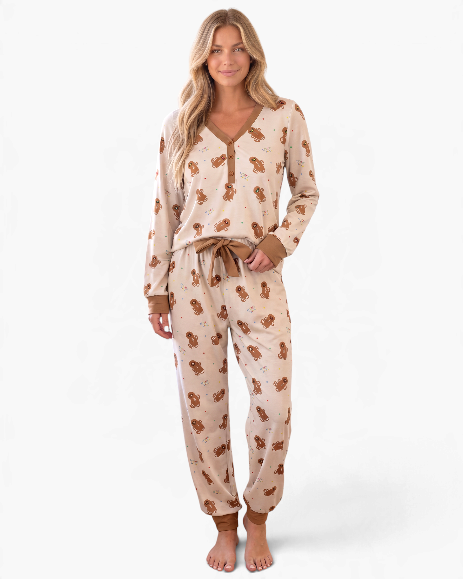 Beach Rose Co. cream and tan gingerbread print pajama set with V-neck top and joggers featuring a waist bow tie