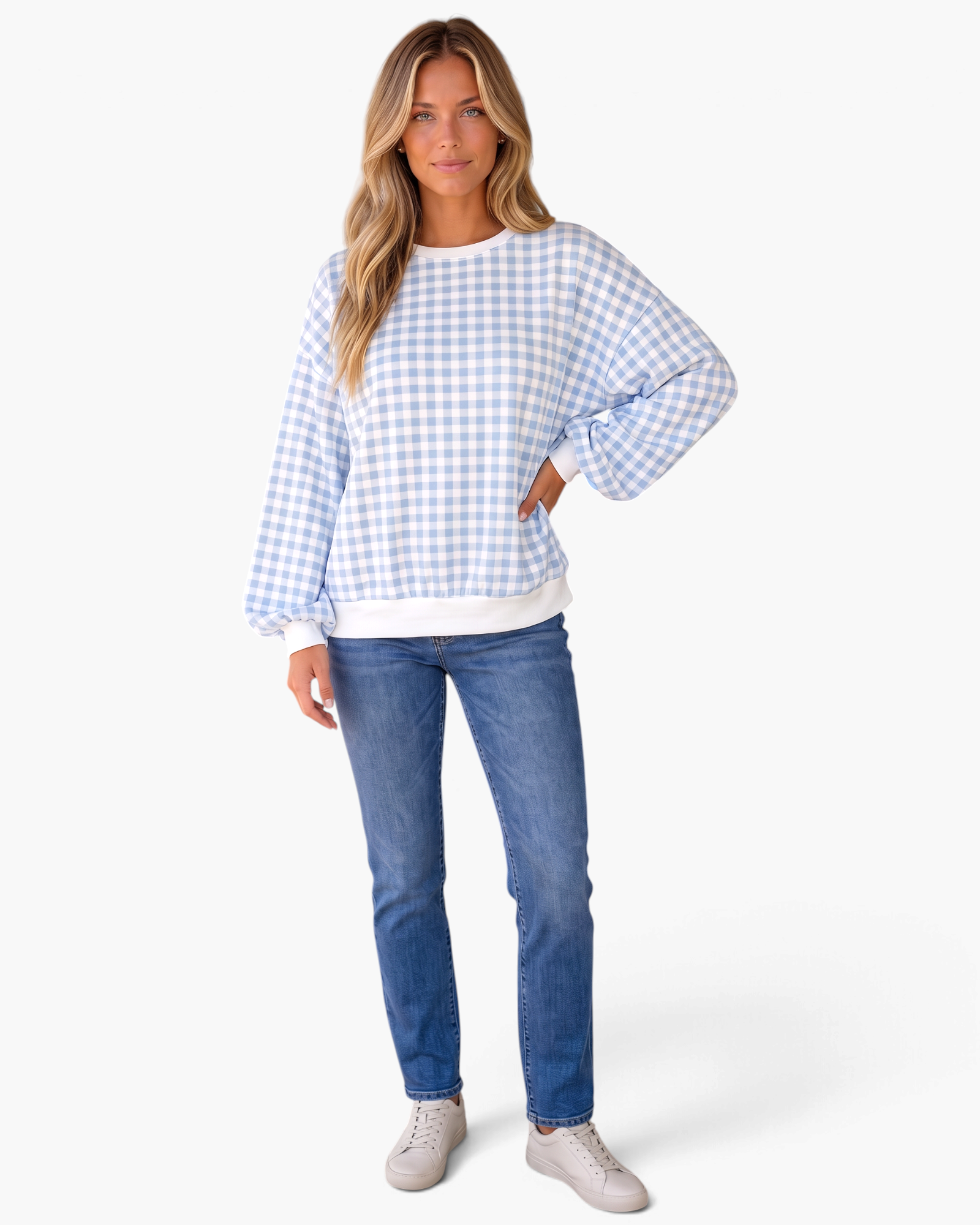 Beach Rose Co. light blue and white gingham sweatshirt with balloon sleeves and white ribbed trim worn with jeans