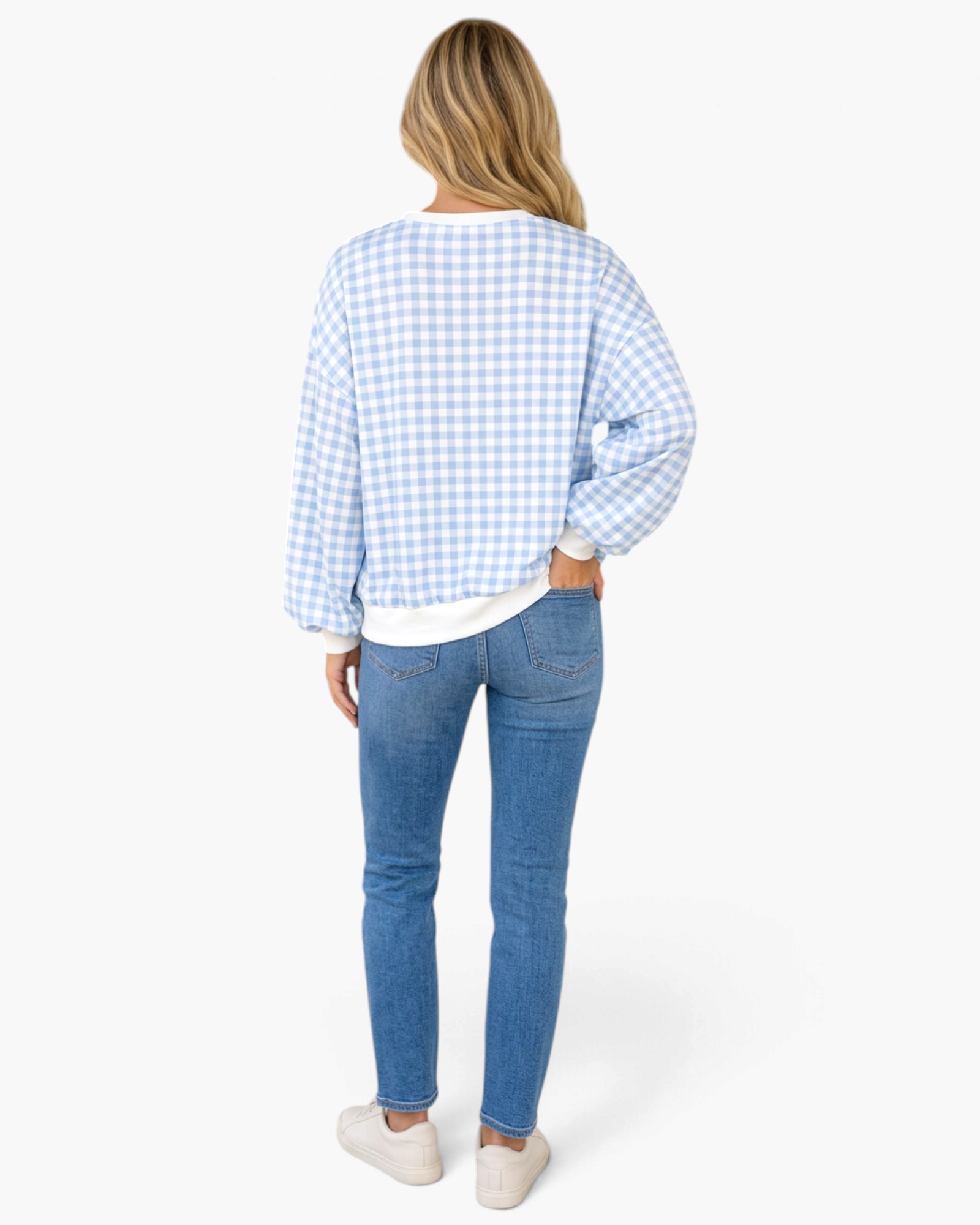 Beach Rose Co. light blue and white gingham sweatshirt with balloon sleeves and ribbed trim, back view on a model.