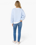 Beach Rose Co. light blue and white gingham sweatshirt with balloon sleeves and ribbed trim, back view on a model.