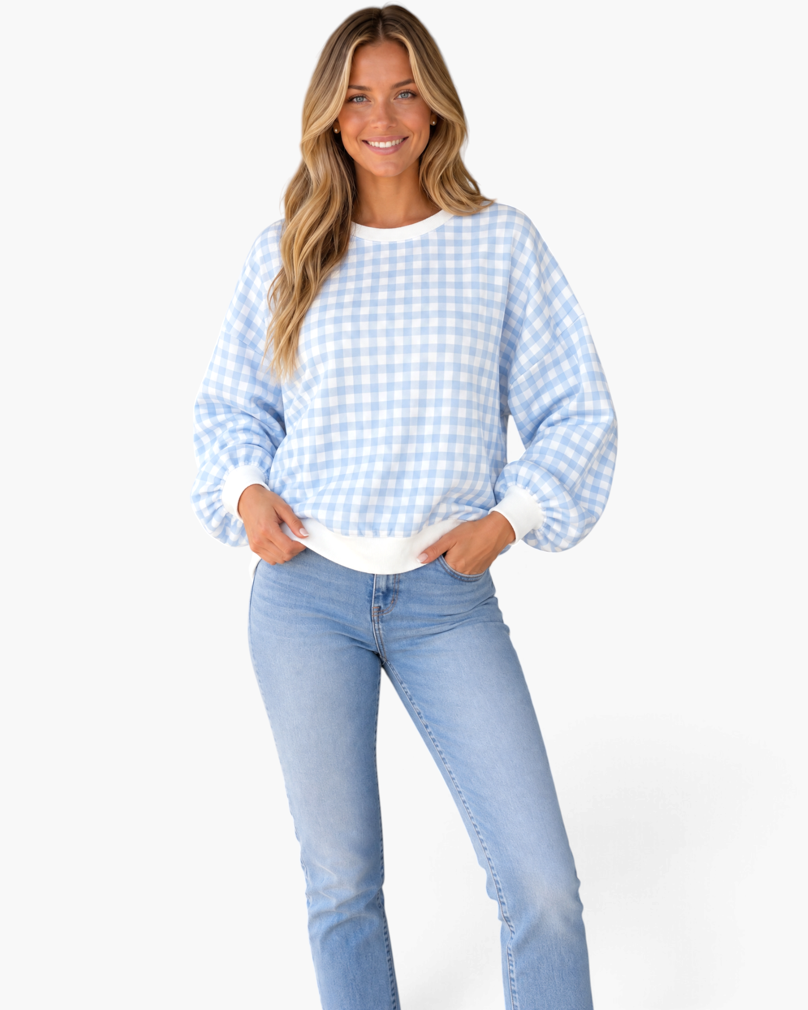 Beach Rose Co. light blue and white gingham sweatshirt with balloon sleeves and white ribbed trim on a smiling model.