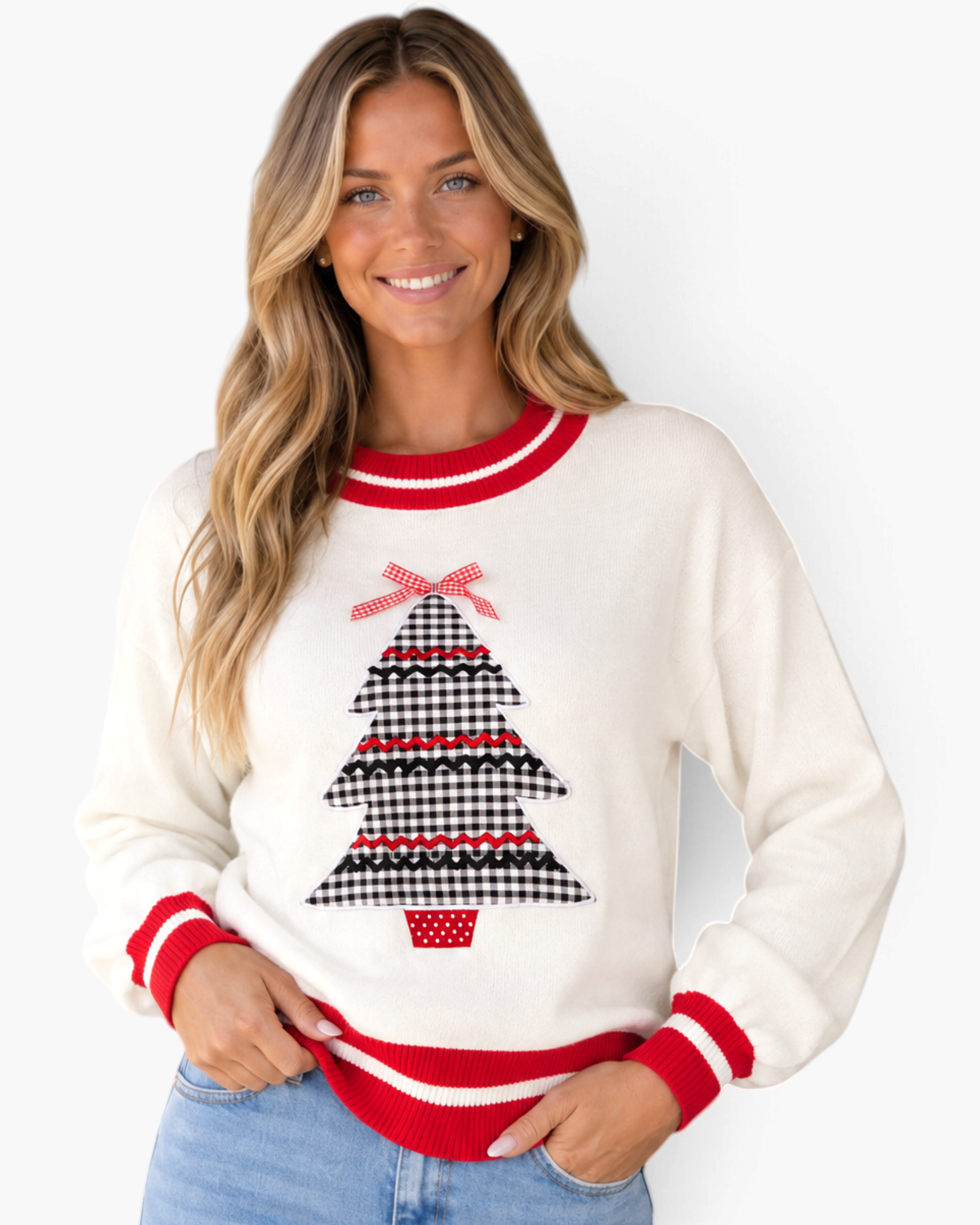 Beach Rose Co. cream sweater featuring a gingham Christmas tree appliqué, red striped trim, and a festive bow.
