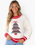 Beach Rose Co. cream sweater featuring a gingham Christmas tree appliqué, red striped trim, and a festive bow.
