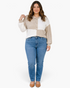 Beach Rose Co. plus size beige and cream gingham patchwork Henley top with a collar and long sleeves on a model.