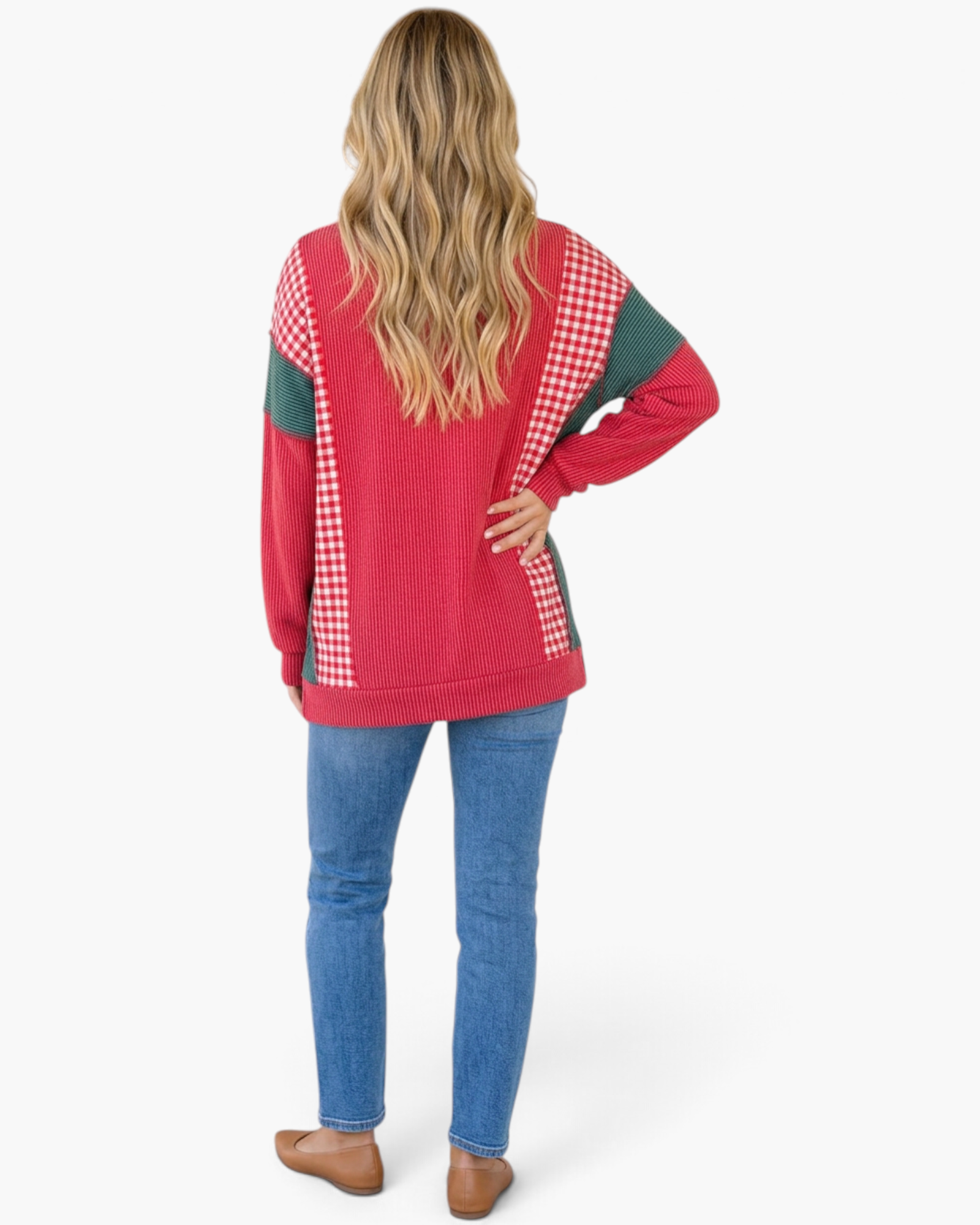Beach Rose Co. red and green gingham patchwork ribbed tunic top worn by a woman with long blonde hair, back view.