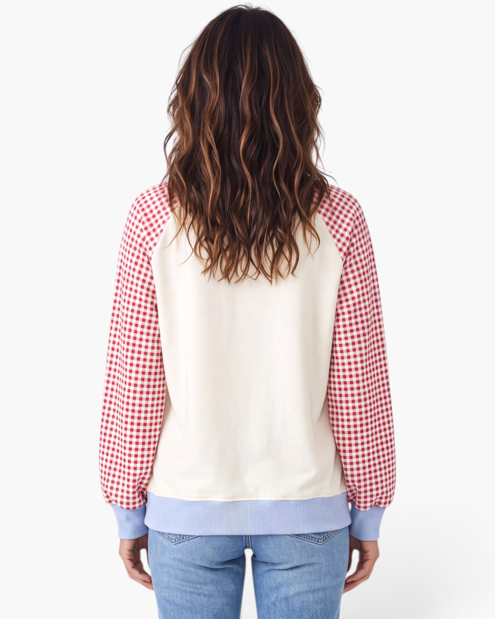 Back view of a Beach Rose Co. cream sweatshirt with red gingham raglan sleeves and light blue ribbed hem.