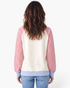 Back view of a Beach Rose Co. cream sweatshirt with red gingham raglan sleeves and light blue ribbed hem.