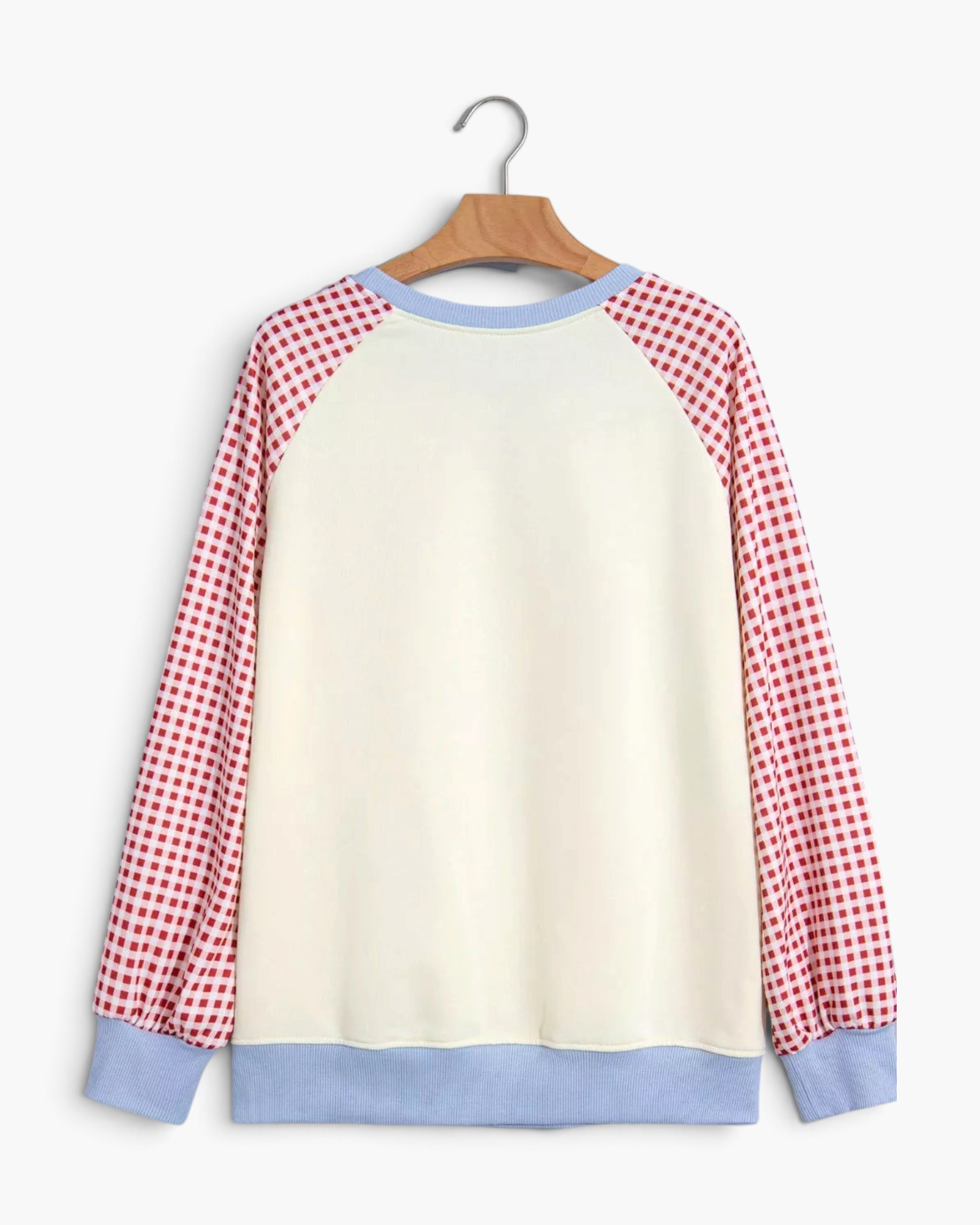 Beach Rose Co. cream sweatshirt with red and white gingham raglan sleeves and light blue ribbed trim, back view