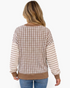 Beach Rose Co. taupe and cream gingham sweatshirt with striped sleeves and solid ribbed hem, back view.