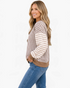 Beach Rose Co. taupe and cream gingham sweatshirt with striped sleeves and ribbed trim worn by a smiling woman