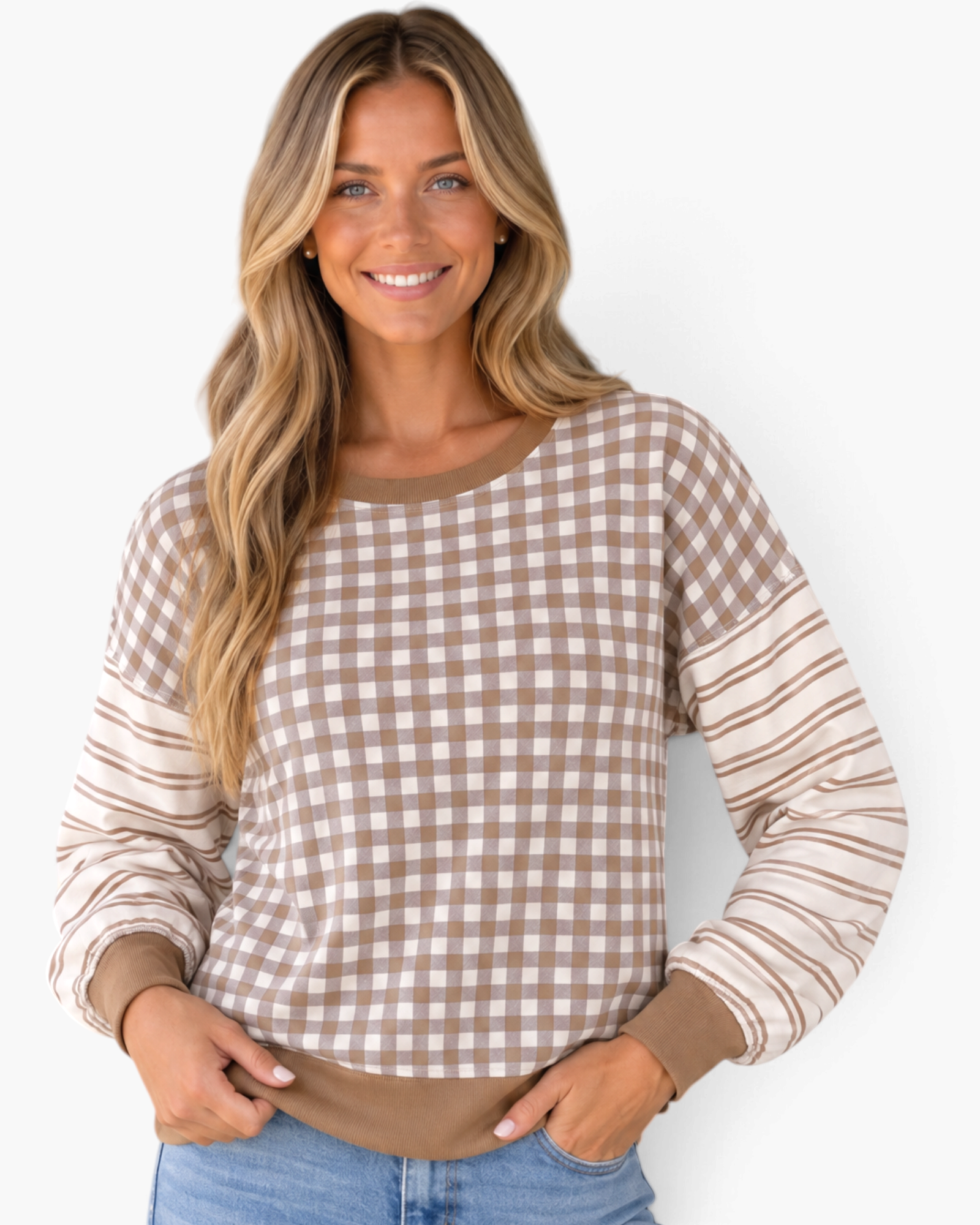 Beach Rose Co. taupe and cream gingham sweatshirt with striped sleeves, crew neck, and ribbed trim on a smiling model.