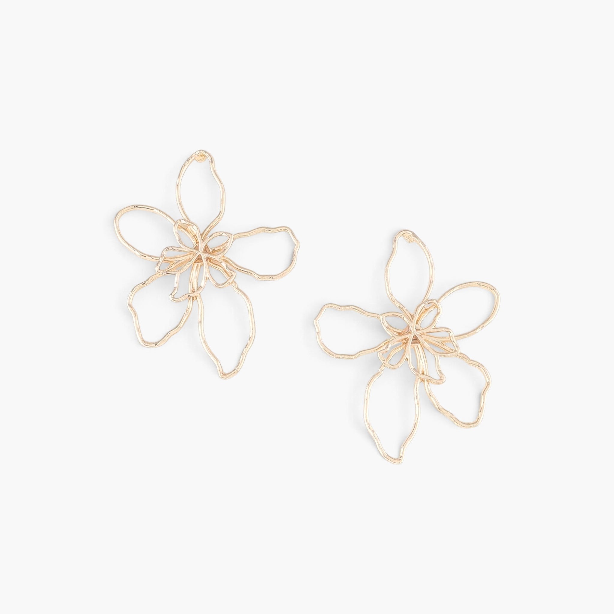 Beach Rose Co. gold-tone abstract flower earrings with delicate wire-work petals on a clean white background.