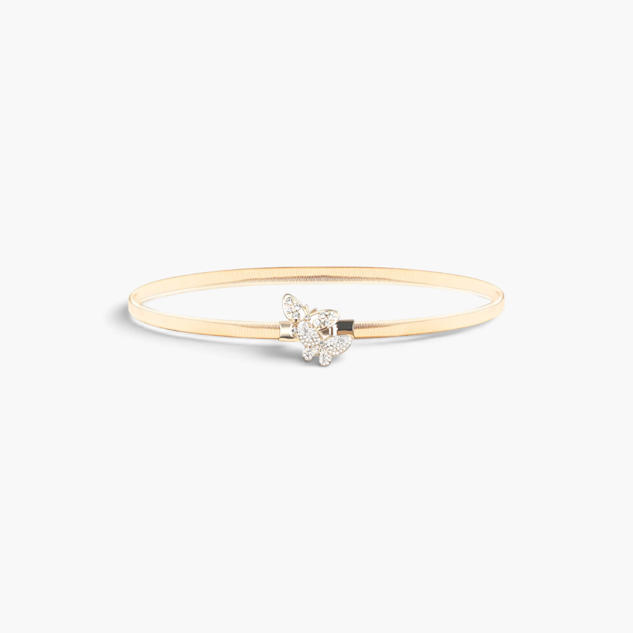 Beach Rose Co. gold-tone skinny stretch metal waist belt featuring a double butterfly buckle with clear rhinestones.
