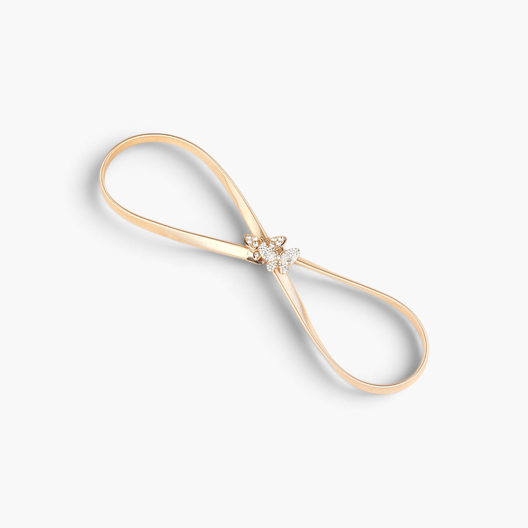 Beach Rose Co. gold-tone skinny stretch belt featuring a double butterfly buckle with clear rhinestone accents.