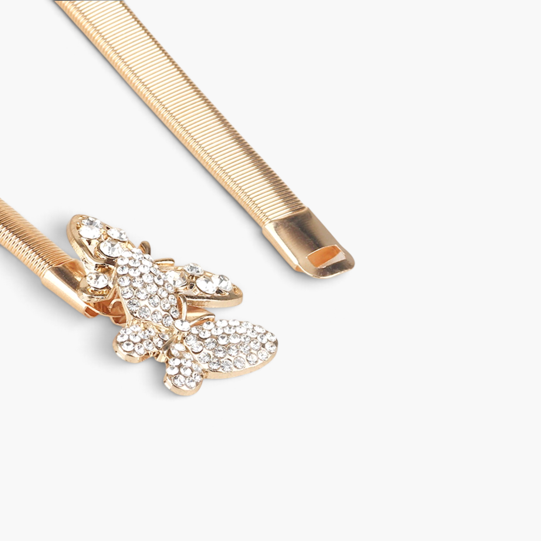 Beach Rose Co. gold-tone skinny waist belt featuring a double butterfly buckle with clear rhinestone embellishments.