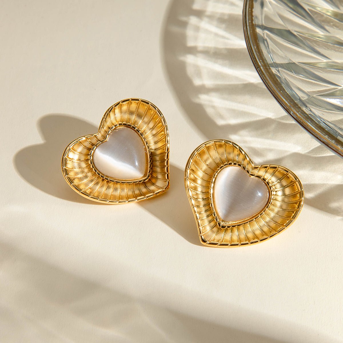 Beach Rose Co. - Gold Cat's Eye Stone Heart Earrings