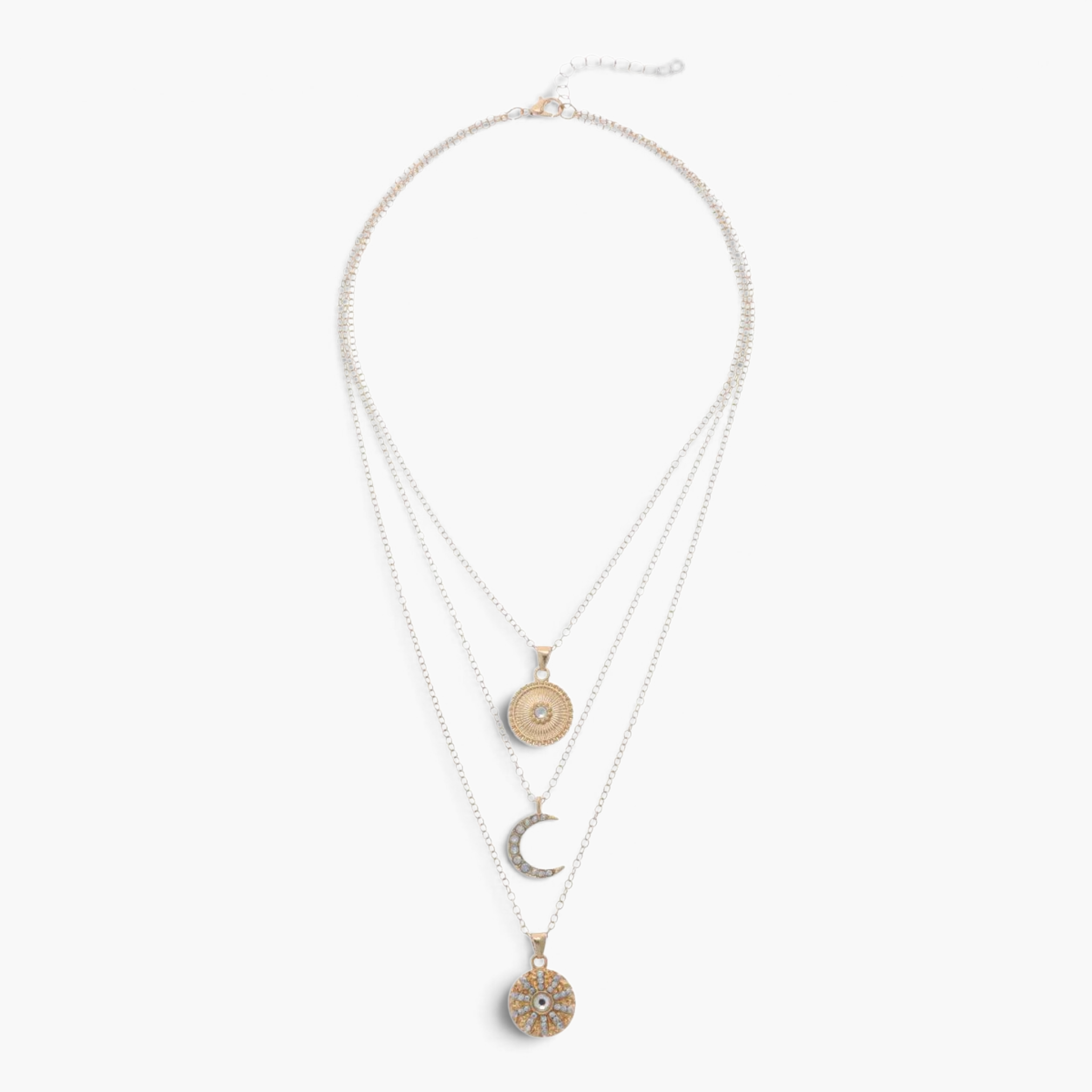Beach Rose Co. 18K gold-plated layered necklace featuring sunburst, crescent moon, and zircon-accented pendants.