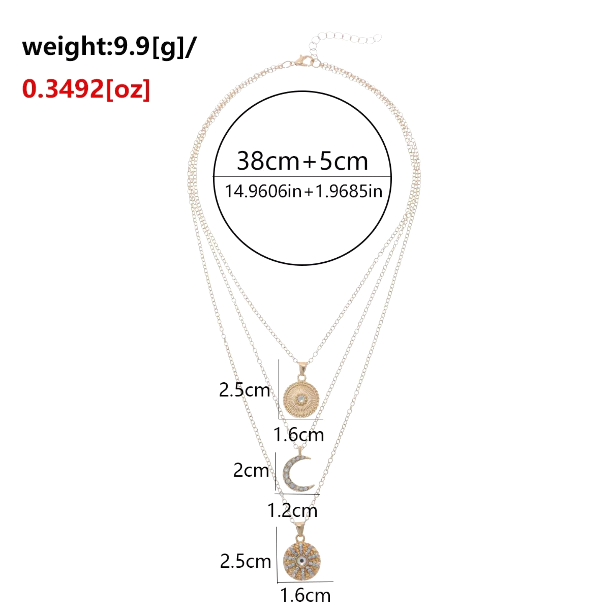 Beach Rose Co. 18K gold-plated layered necklace featuring sunburst, crescent moon, and zircon-accented pendants.