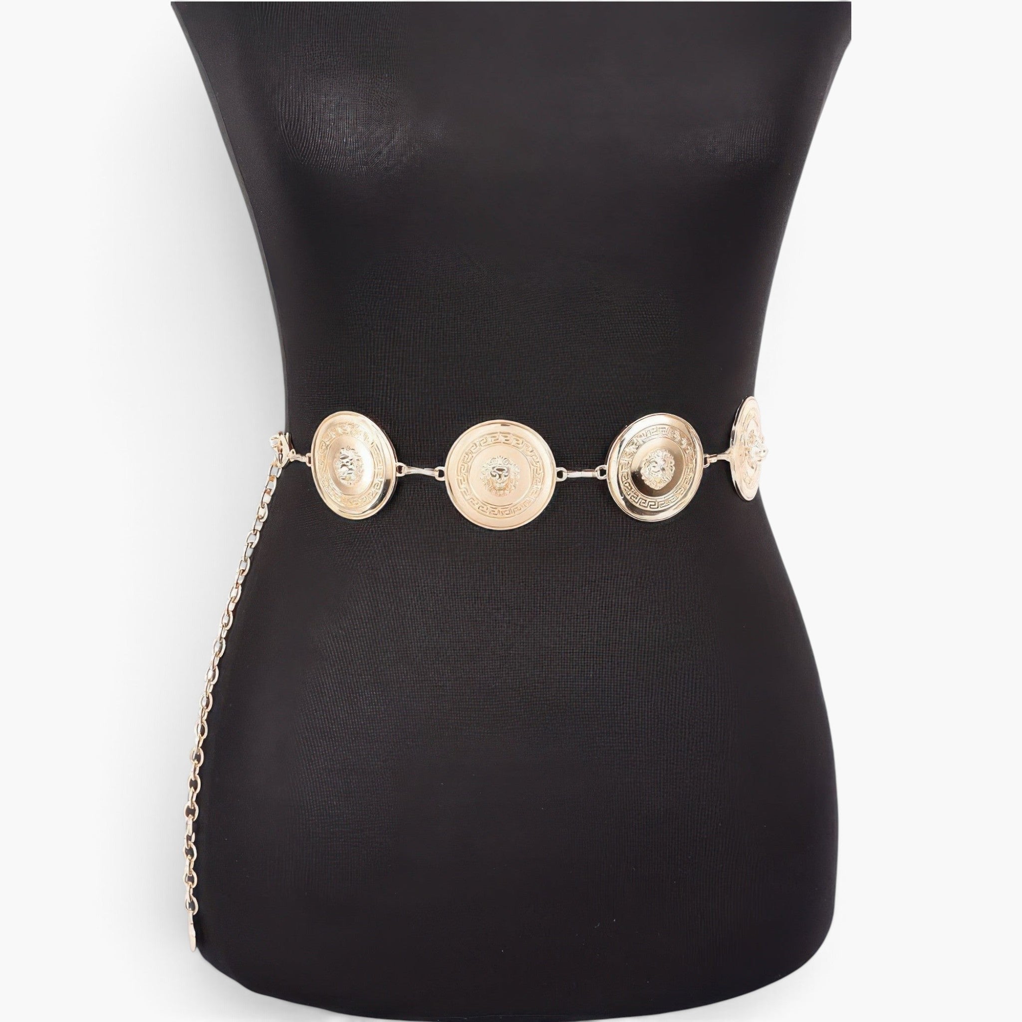 Beach Rose Co. gold metal chain belt featuring ornate circular medallions on a black mannequin torso