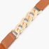 Beach Rose Co. elastic waist belt featuring an oversized gold-tone curb chain front with tan PU leather tabs.