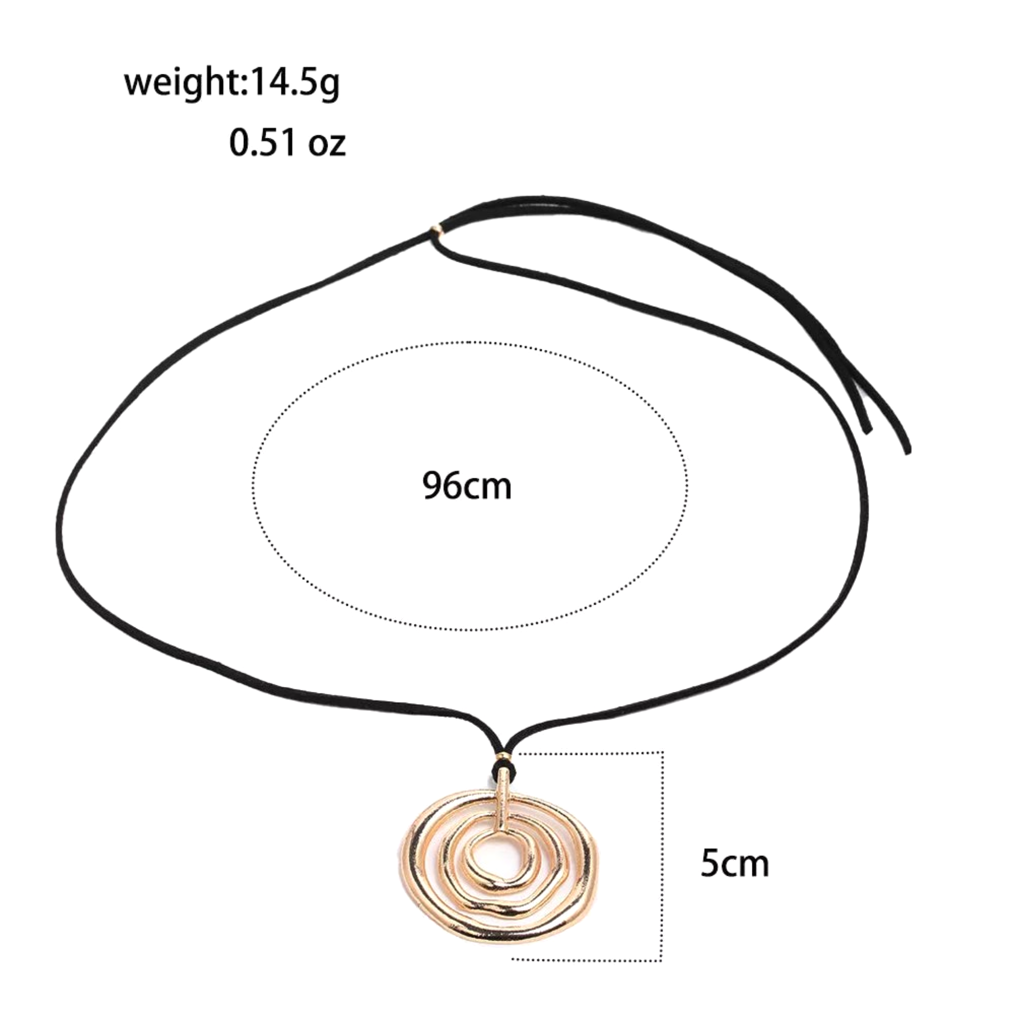 Beach Rose Co. 18K gold-plated concentric circle pendant on a long black PU cord with adjustable sliding design.