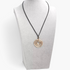 Beach Rose Co. long necklace featuring a gold-plated nested circle pendant on a black PU cord displayed on a bust.