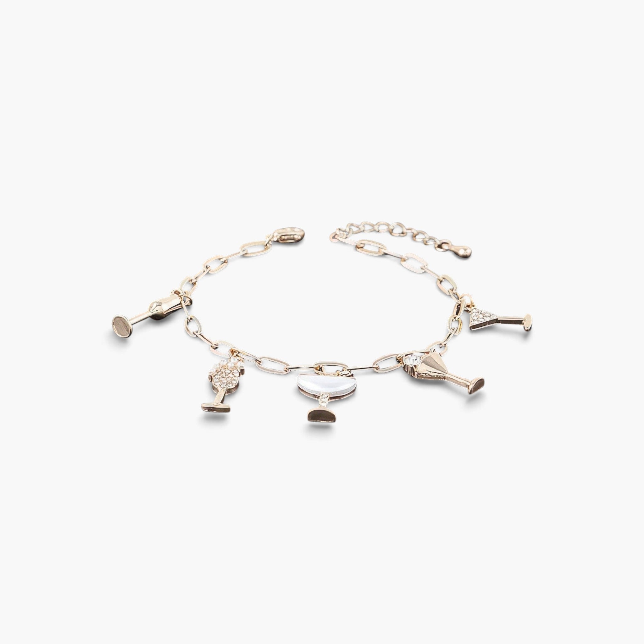 Beach Rose Co. gold paperclip chain bracelet featuring dangling cocktail glass charms with shimmering jewel accents.