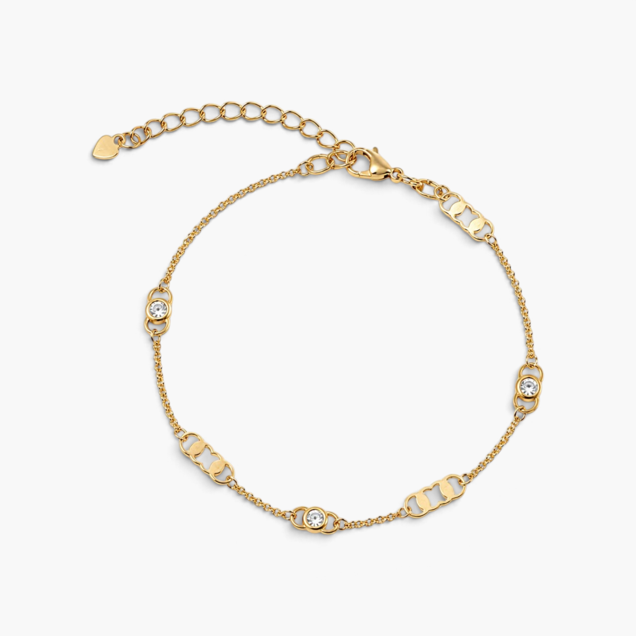 Beach Rose Co. 18K gold filled bracelet featuring delicate chain links, polished accents, and cubic zirconia stations.