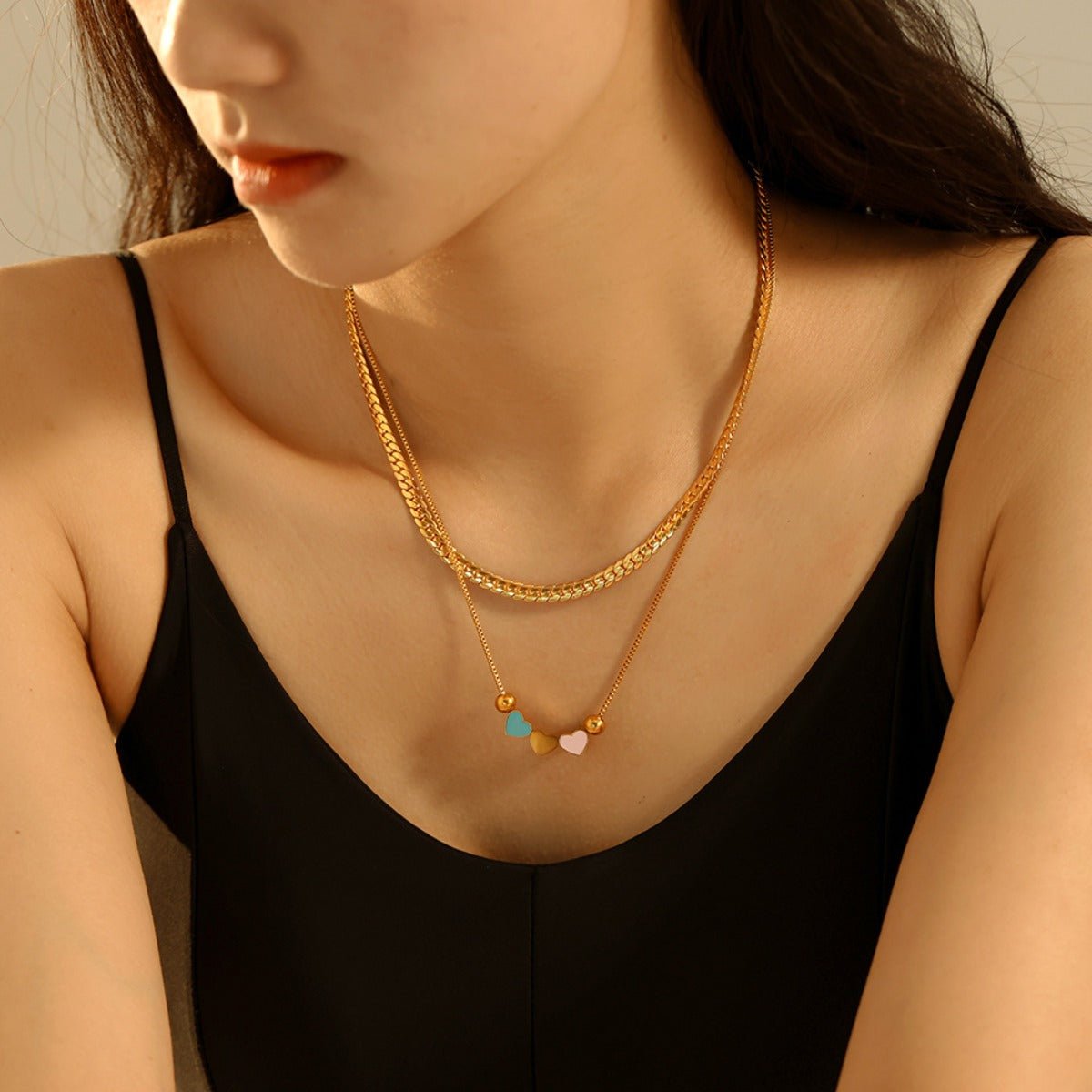 Beach Rose Co. - Gold Double Layered Enamel Hearts Necklace