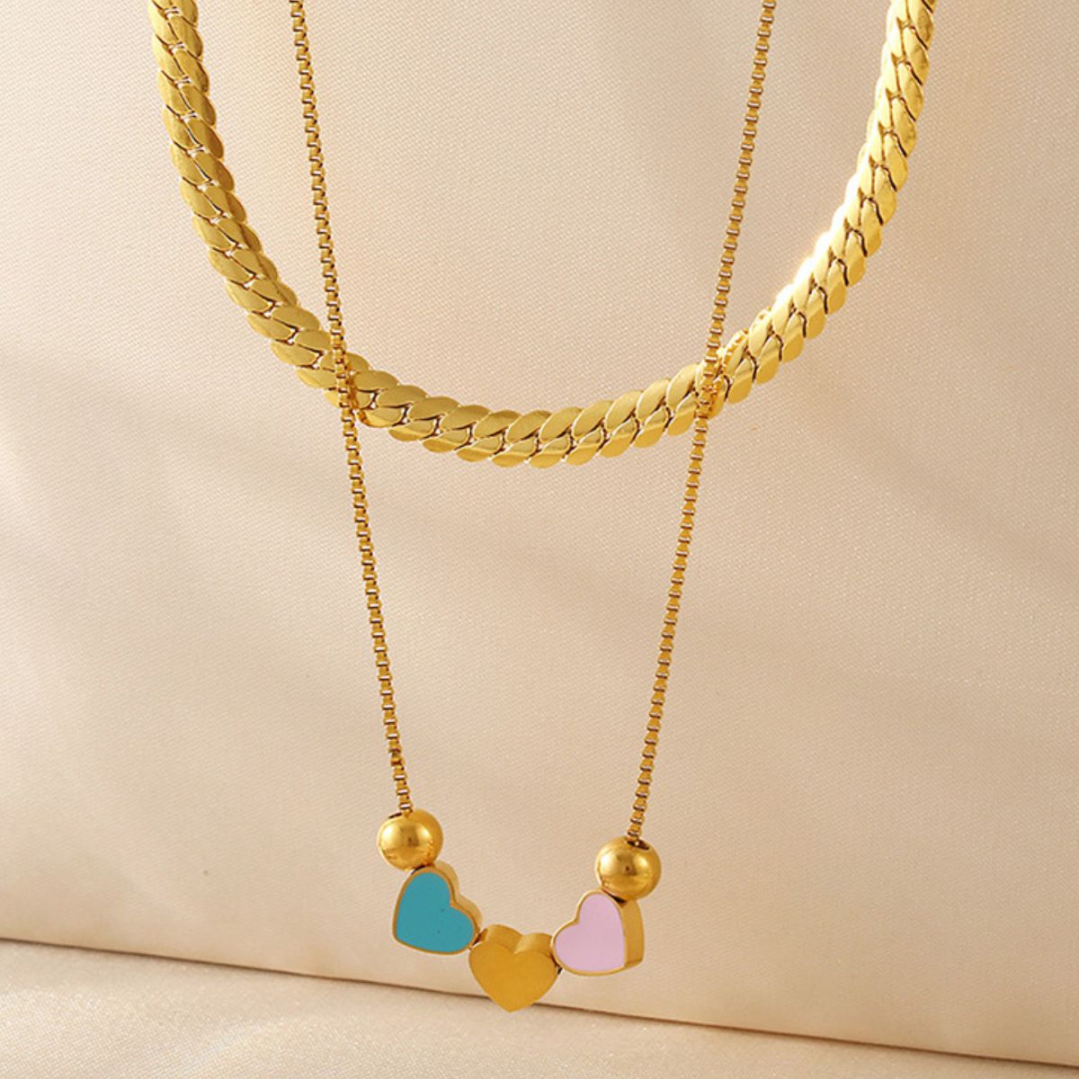 Beach Rose Co. - Gold Double Layered Enamel Hearts Necklace