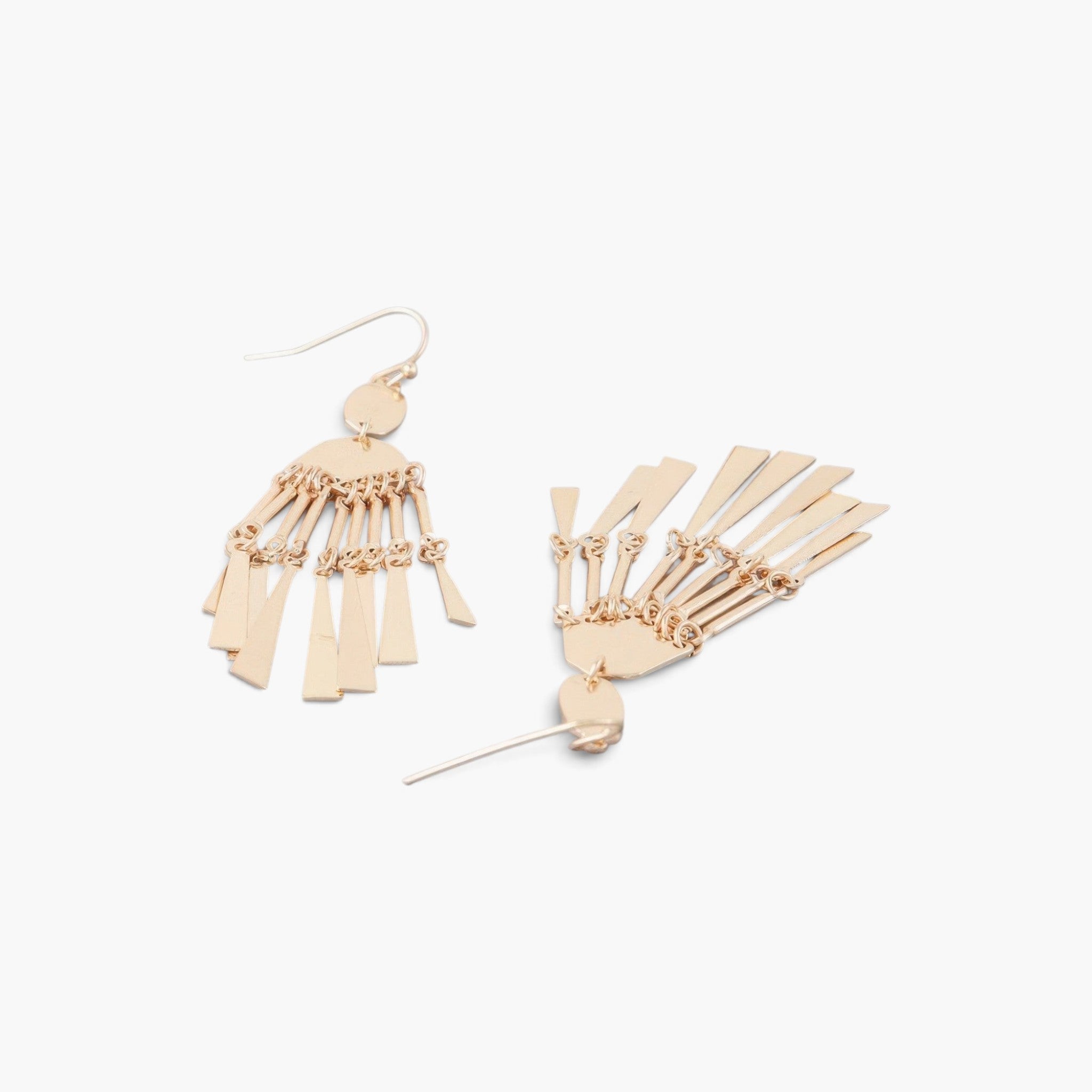 Beach Rose Co. gold-tone dreamcatcher earrings with a polished, dangling fringe design on a white background.
