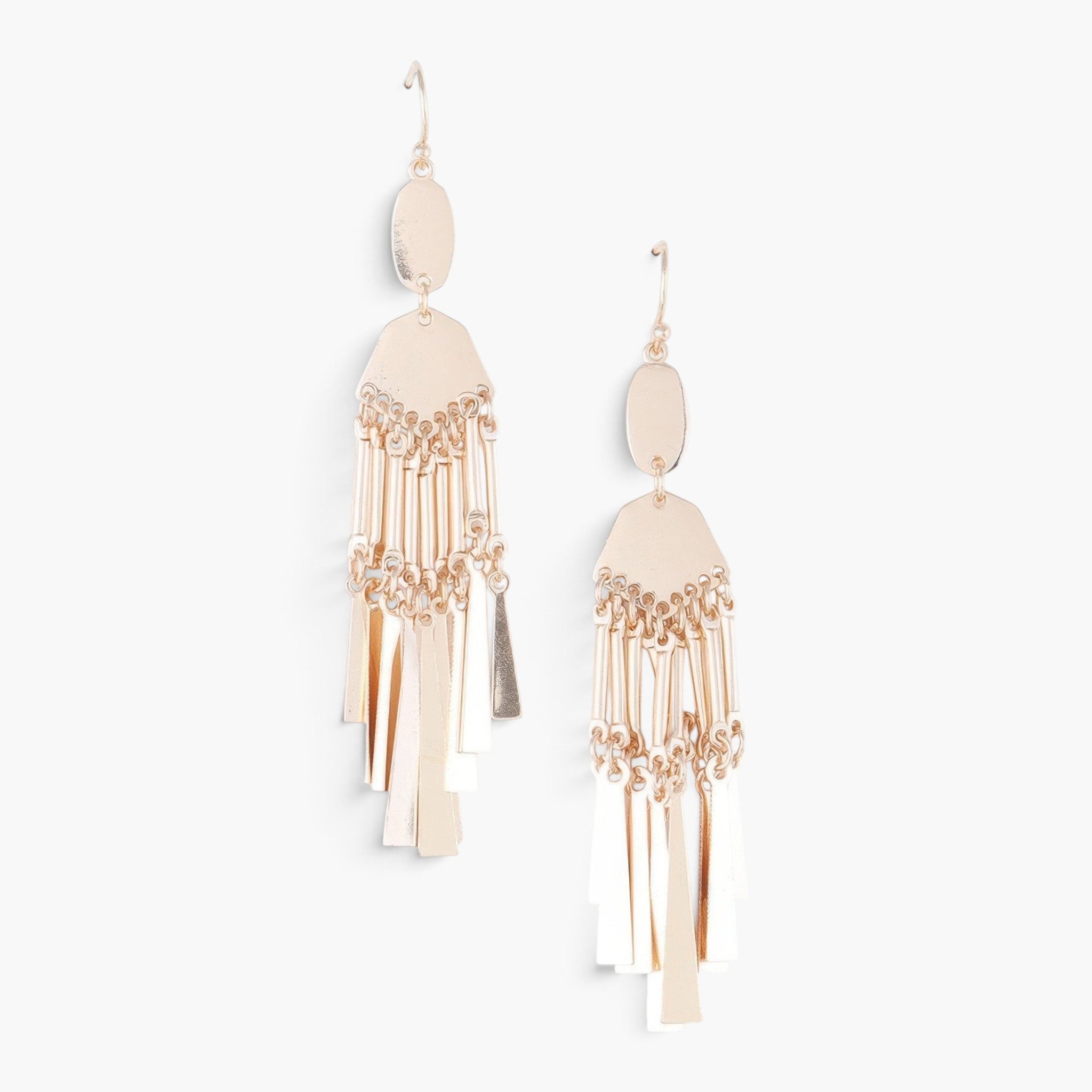 Beach Rose Co. gold-tone metal dreamcatcher drop earrings with a shiny, tiered fringe design on a white background.