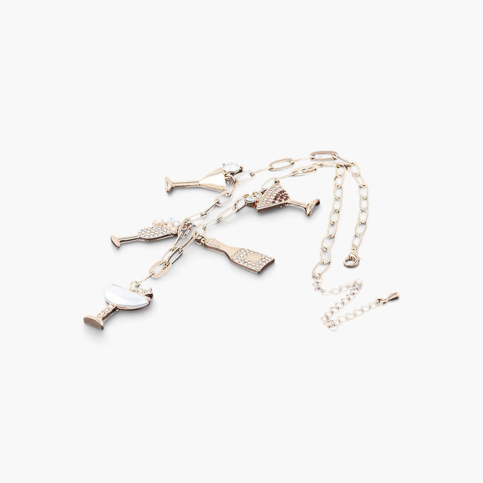 Beach Rose Co. gold chain necklace featuring whimsical party drink charms embellished with sparkling clear jewels.
