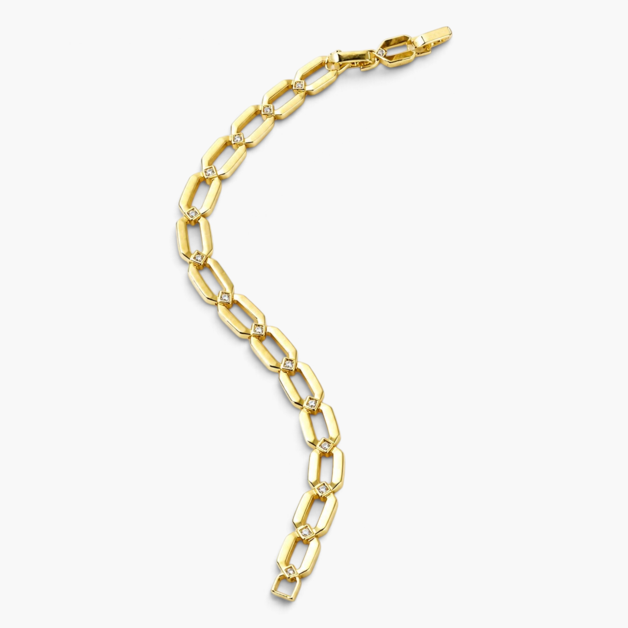 Beach Rose Co. 18K gold filled geometric link bracelet with sparkling cubic zirconia accents on a white background.