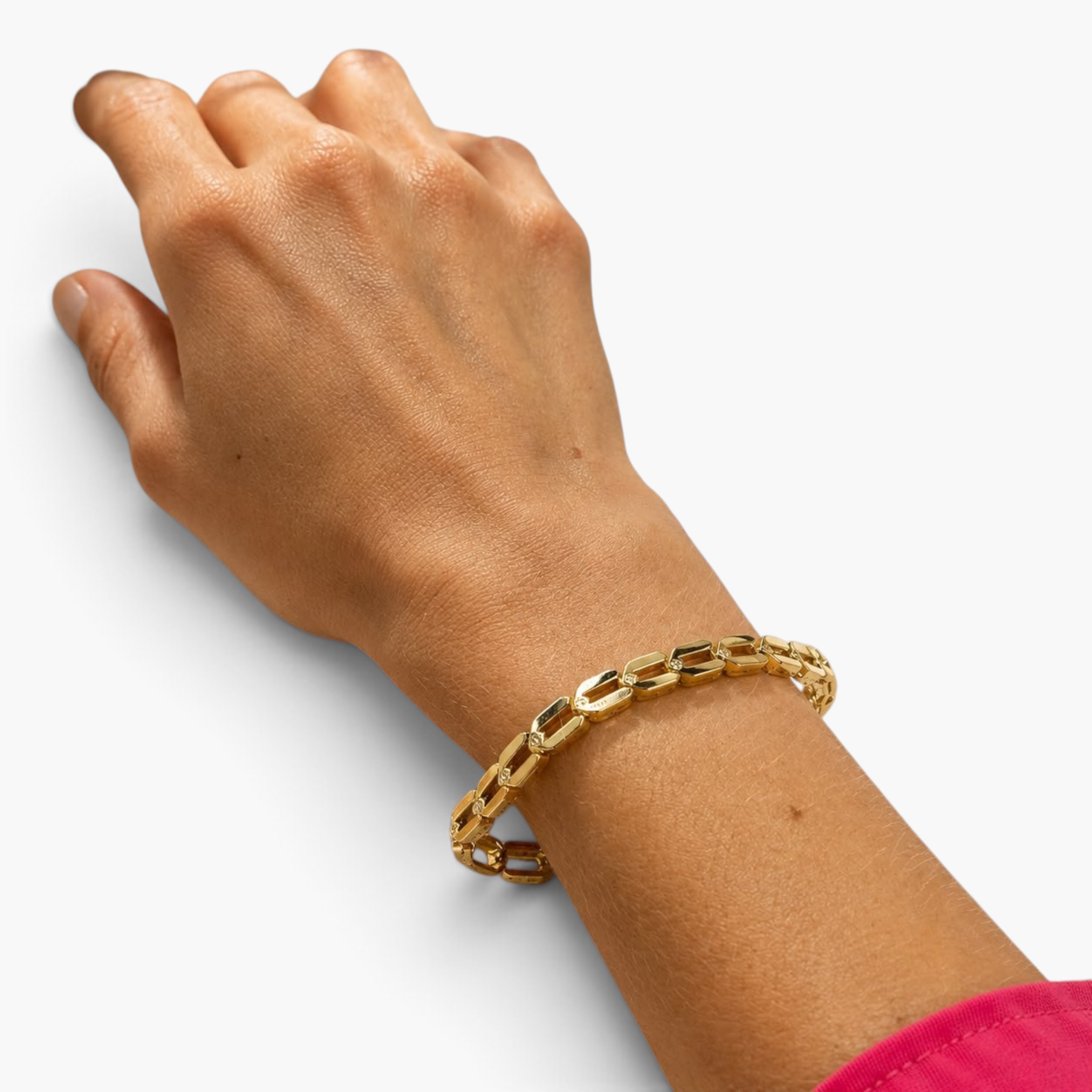 Beach Rose Co. 18K gold filled geometric link bracelet with cubic zirconia accents worn on a wrist