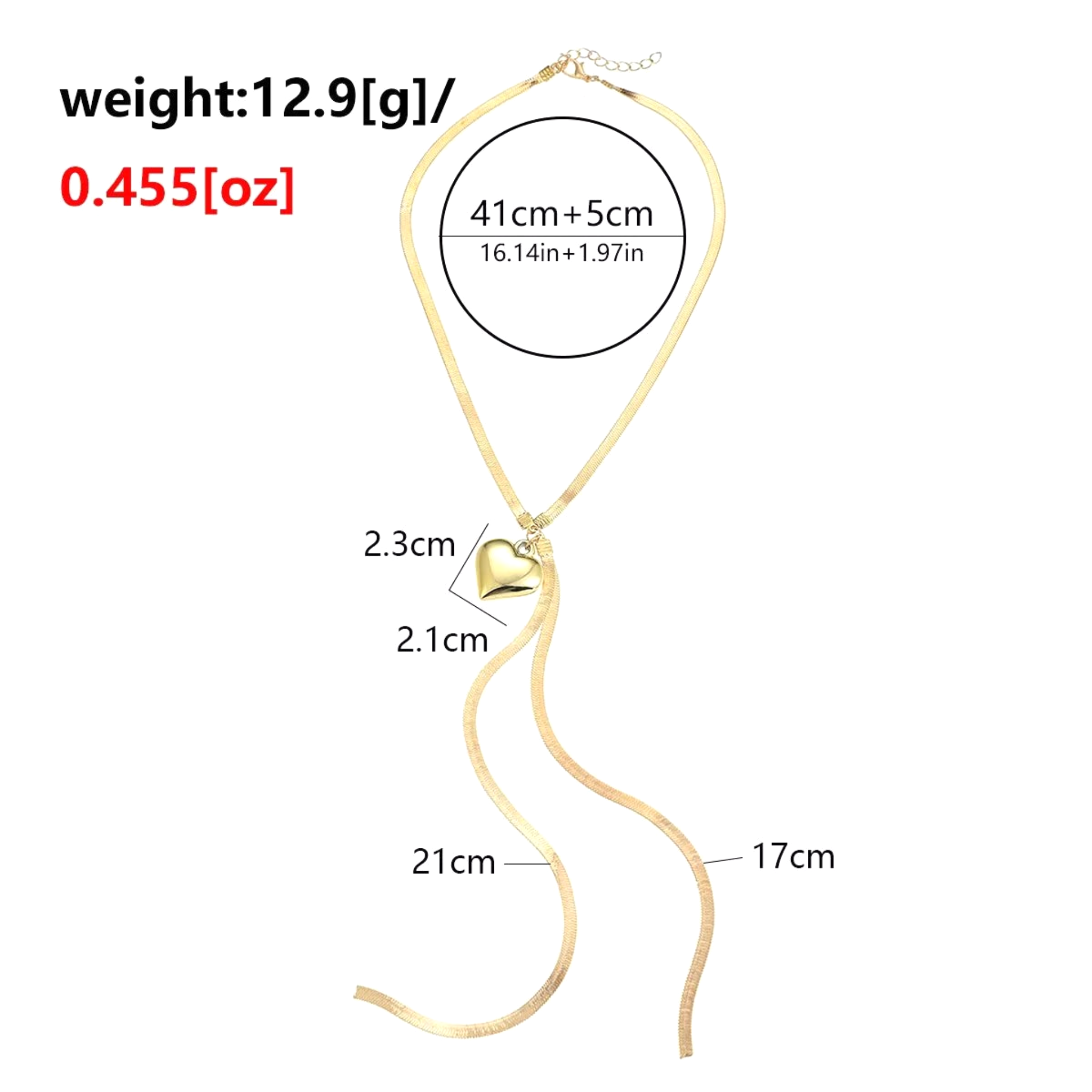 Beach Rose Co. 18K gold-plated necklace featuring a flat herringbone chain, heart pendant, and cascading drop chains.