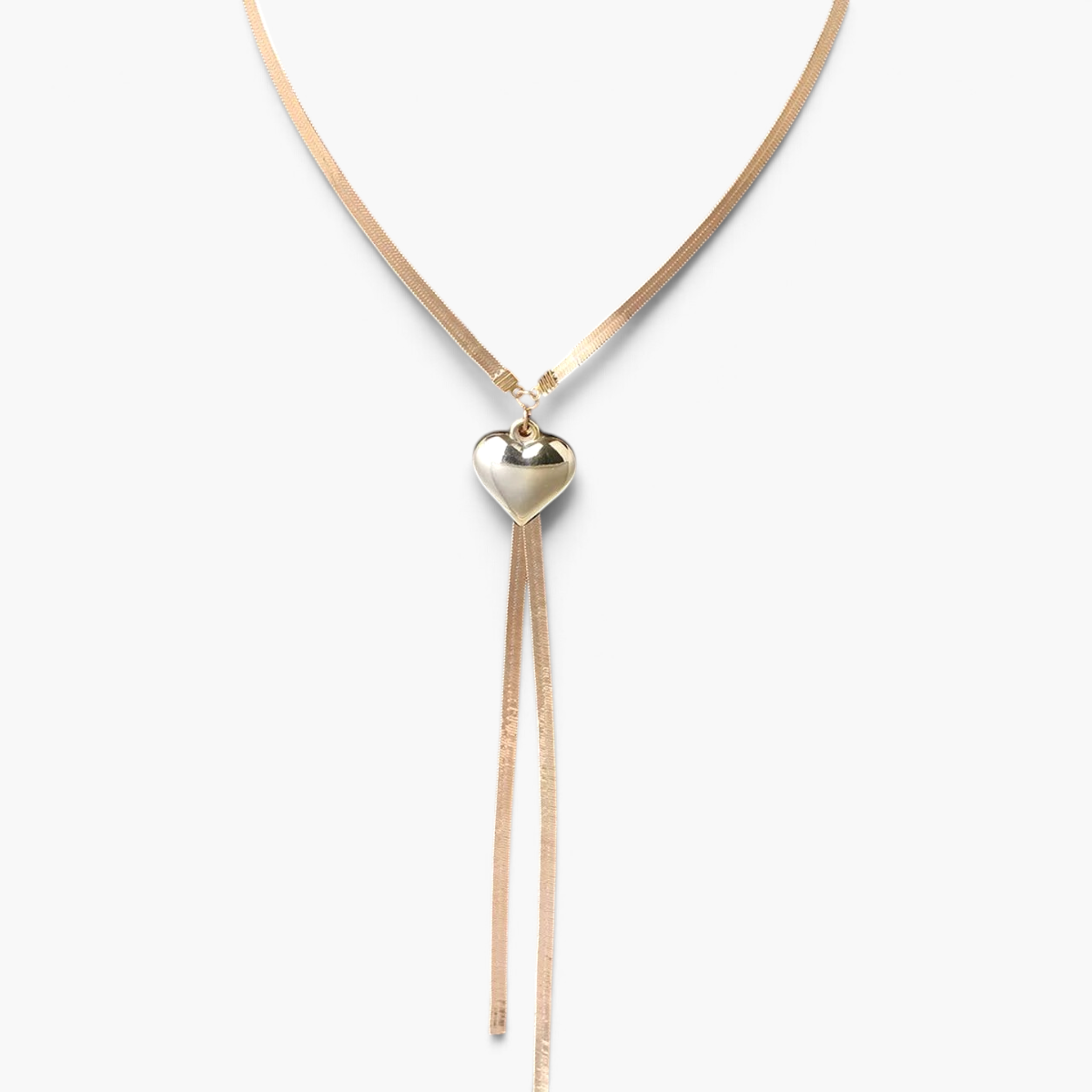 Beach Rose Co. 18K gold-plated necklace featuring a flat herringbone chain and a polished heart pendant with drops.