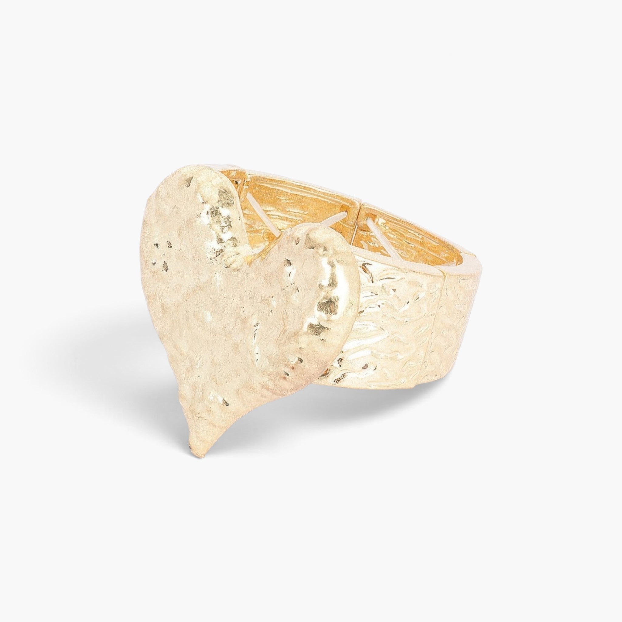 Beach Rose Co. gold alloy stretch bracelet featuring a large textured heart charm with a polished metallic finish.
