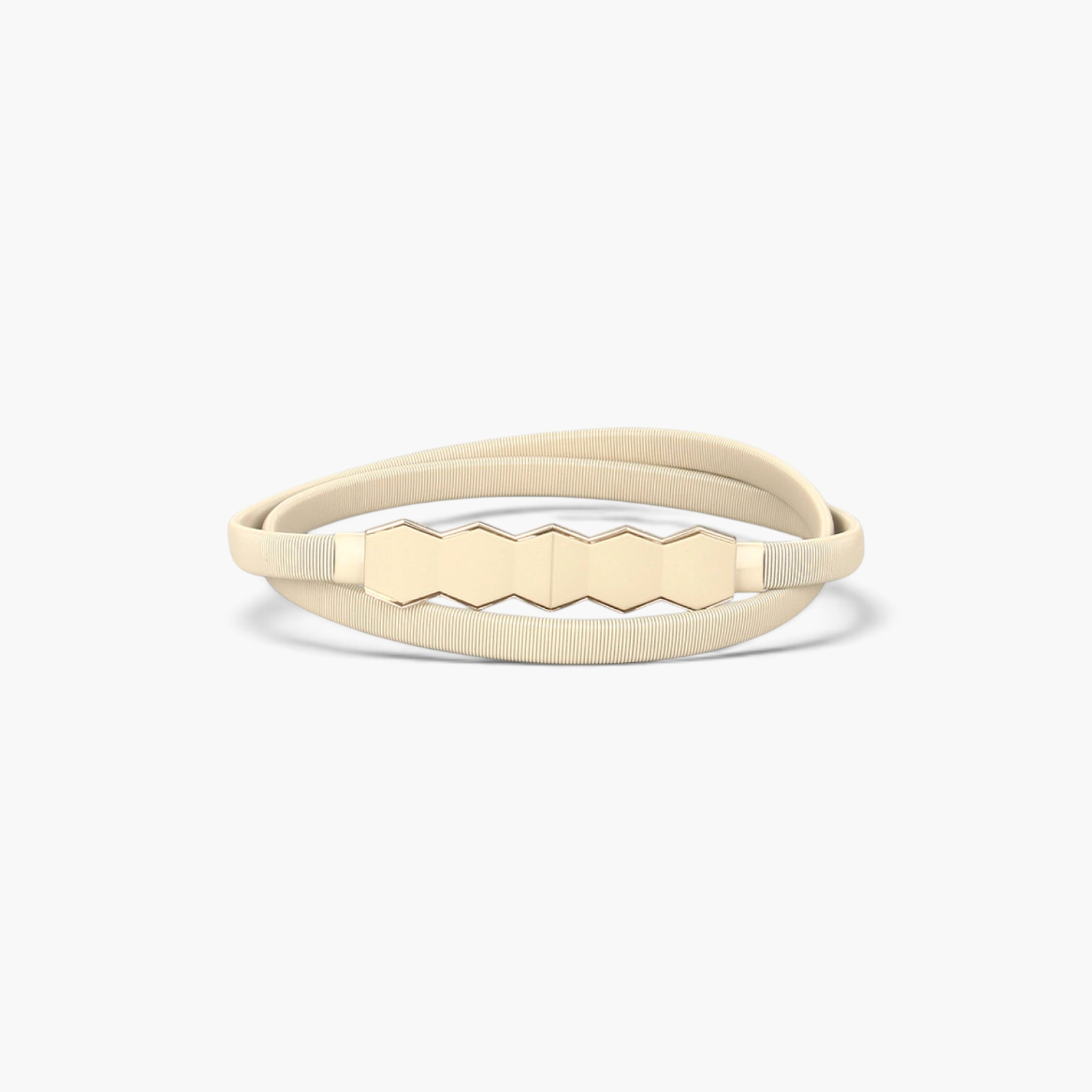 Beach Rose Co. gold-tone skinny metal waist belt featuring a geometric hexagon buckle and a finely ribbed stretch band.
