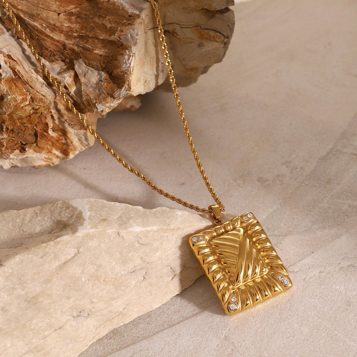 Beach Rose Co. - Gold Inlaid Rhinestone Rectangle Pendant Necklace