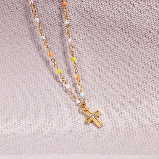 Beach Rose Co. - Gold Inlaid Zircon Cross Beaded Necklace