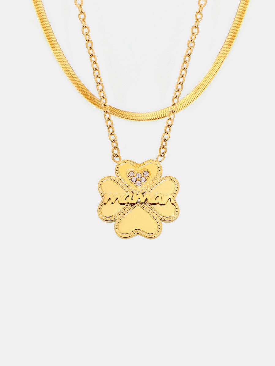 Beach Rose Co. - Gold Inlaid Zircon Maman Lucky Clover Double Strand Necklace