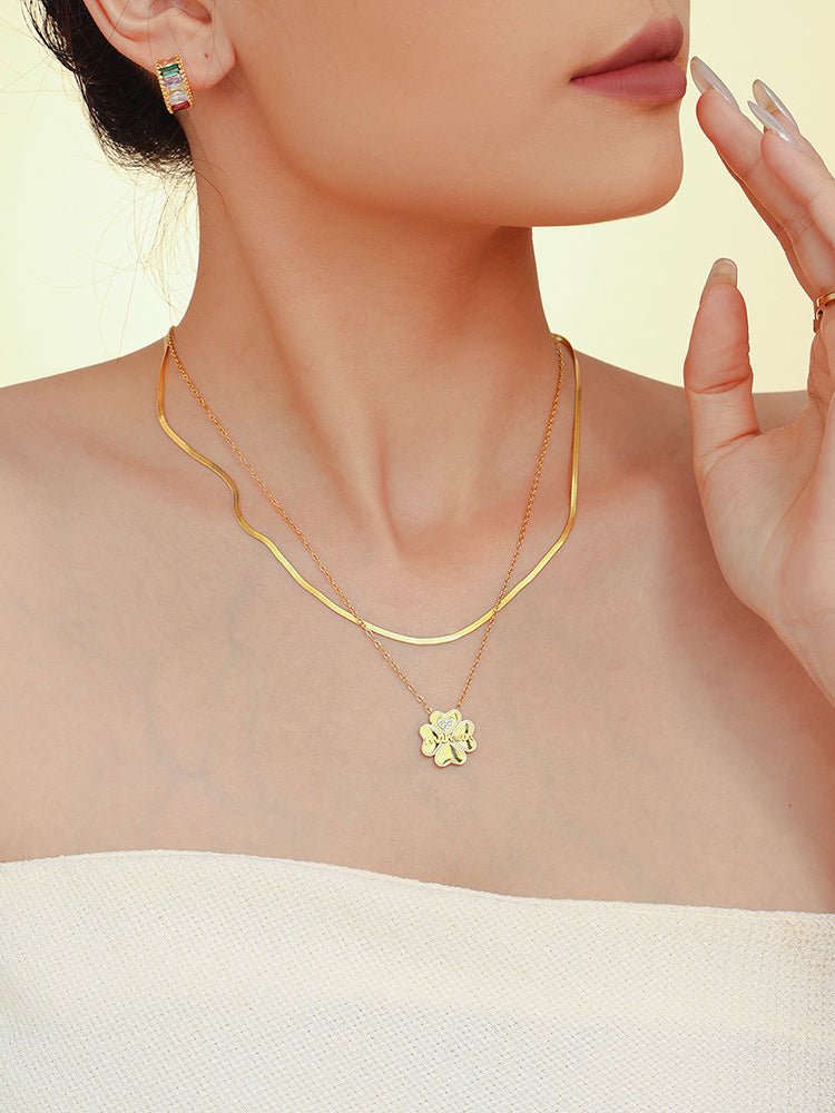 Beach Rose Co. - Gold Inlaid Zircon Maman Lucky Clover Double Strand Necklace