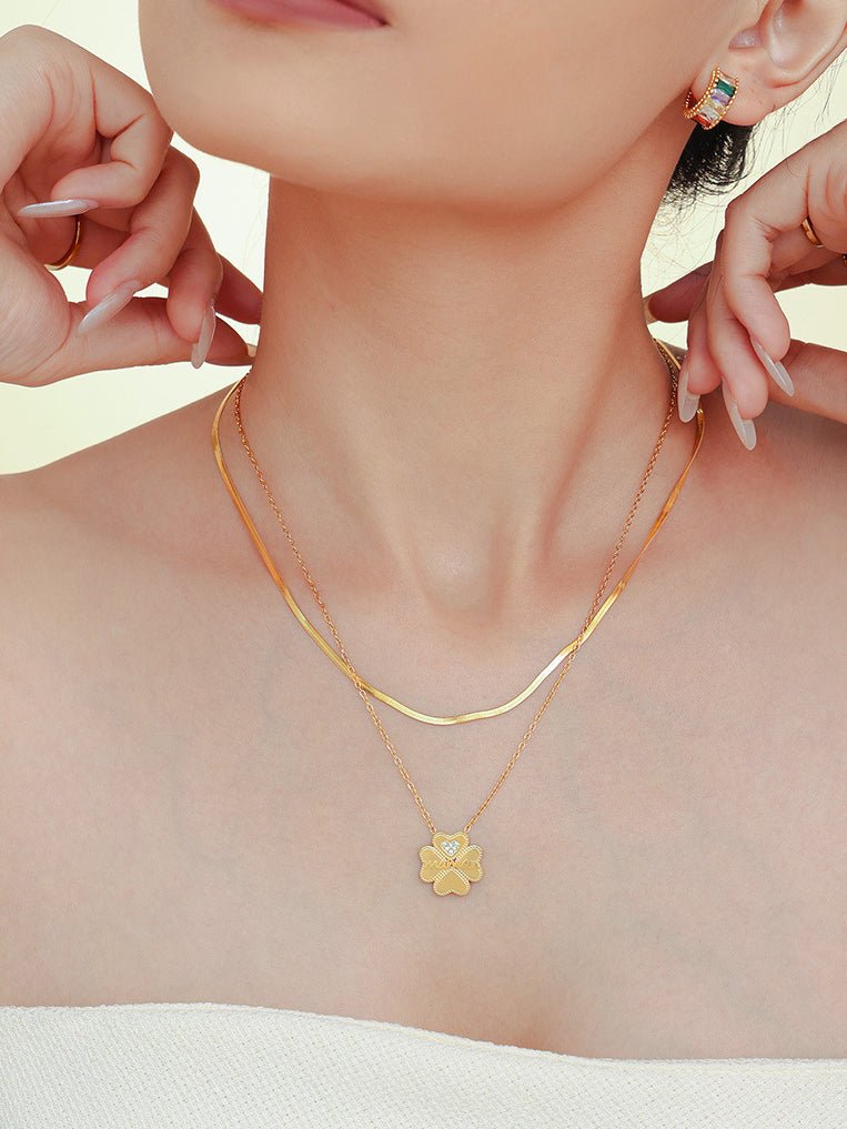 Beach Rose Co. - Gold Inlaid Zircon Maman Lucky Clover Double Strand Necklace