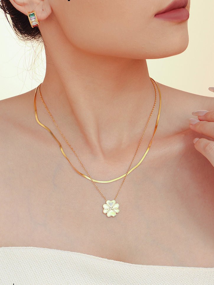 Beach Rose Co. - Gold Inlaid Zircon Maman Lucky Clover Double Strand Necklace