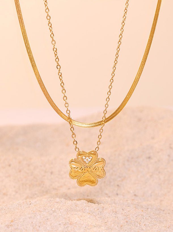 Beach Rose Co. - Gold Inlaid Zircon Maman Lucky Clover Double Strand Necklace