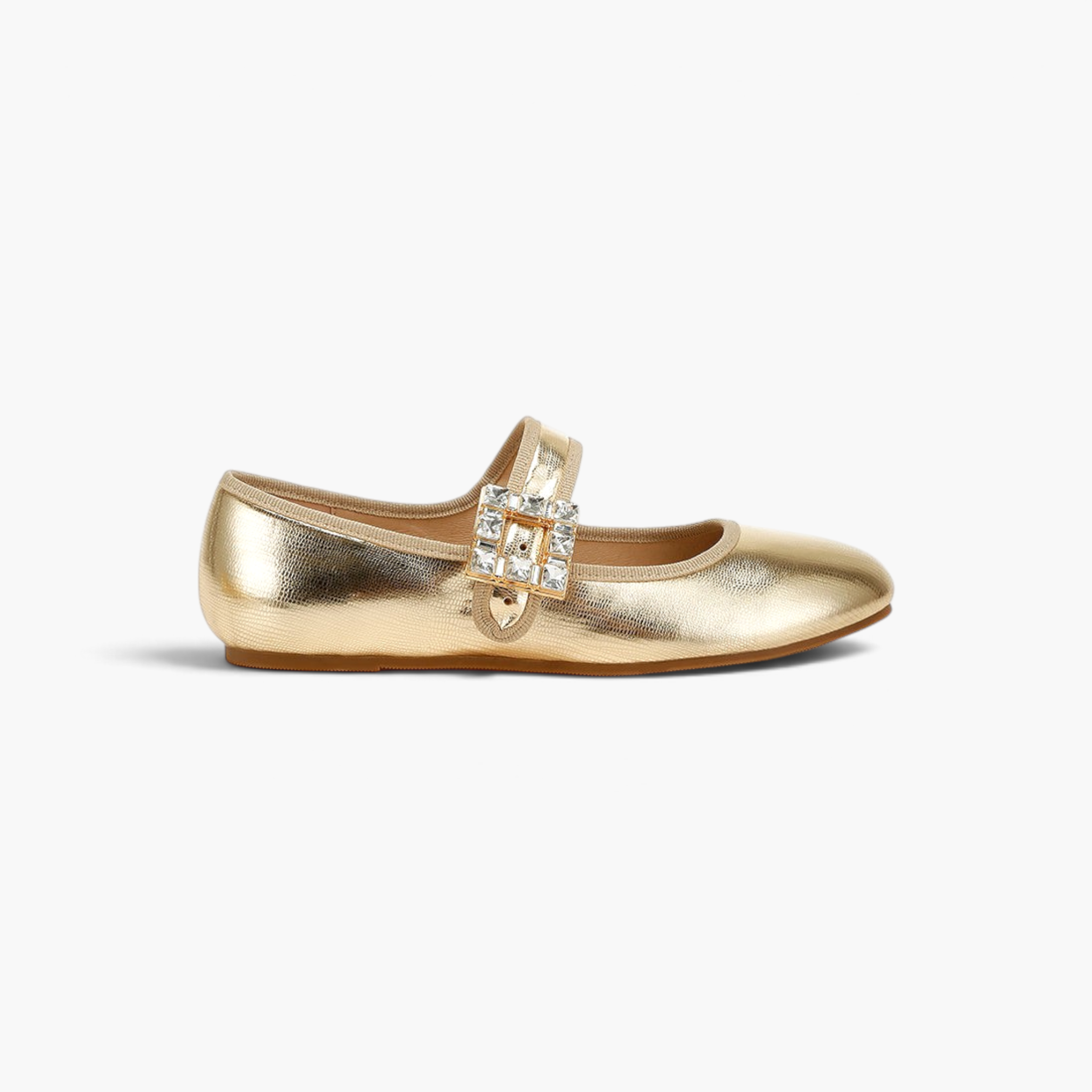 Beach Rose Co. gold glossy Mary Jane flats with a jewel-embellished buckle strap and a rounded toe.