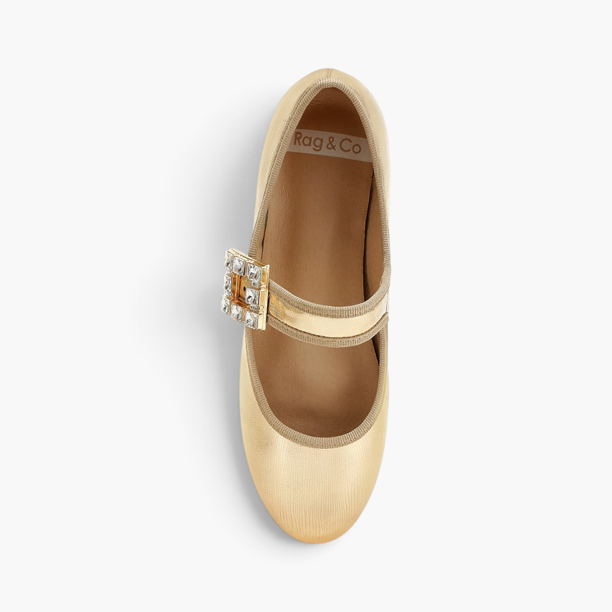 Beach Rose Co. gold Mary Jane flats with a rounded toe and a square jewel-embellished buckle strap.