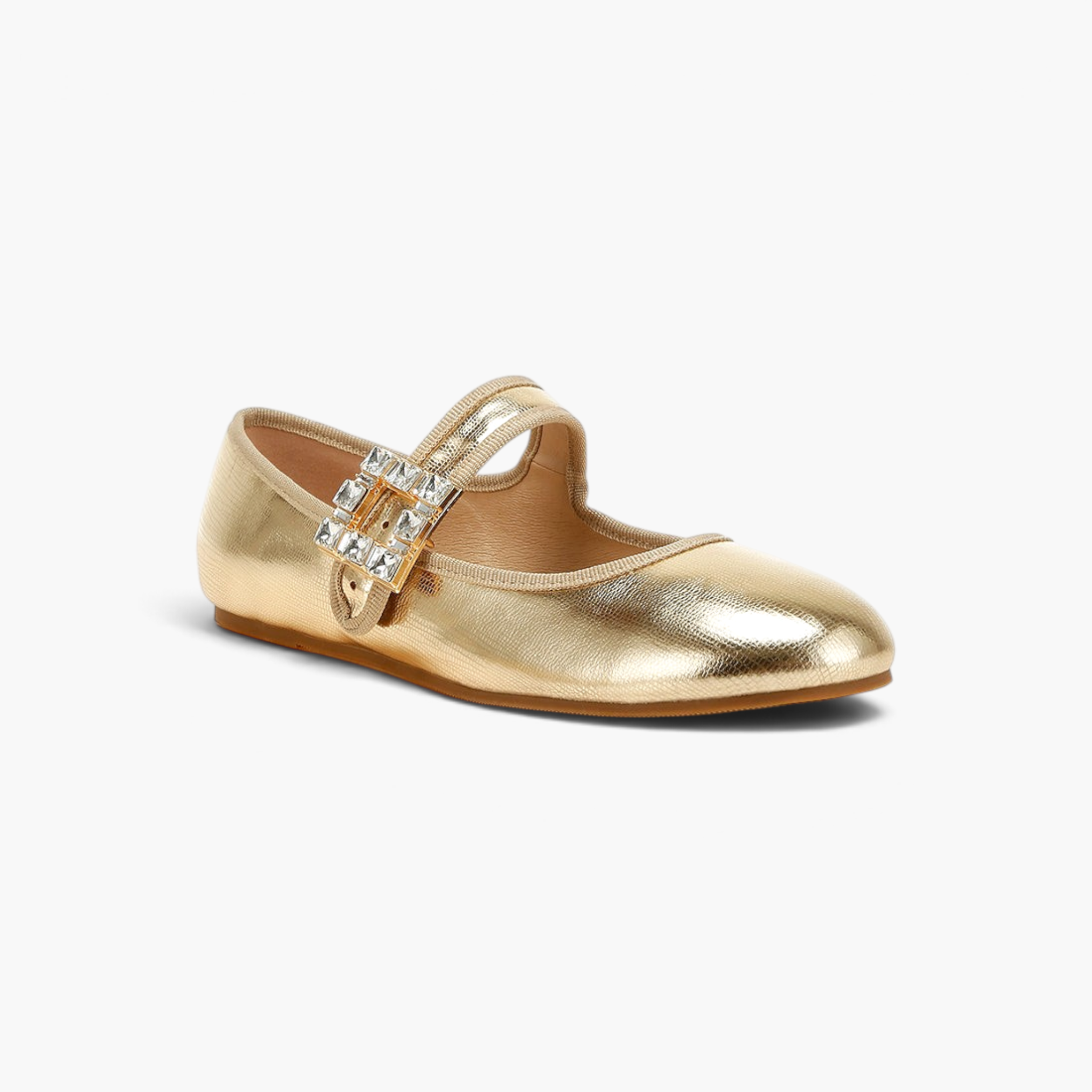 Beach Rose Co. gold glossy Mary Jane flats with a jewel-trimmed buckle strap and a rounded toe.