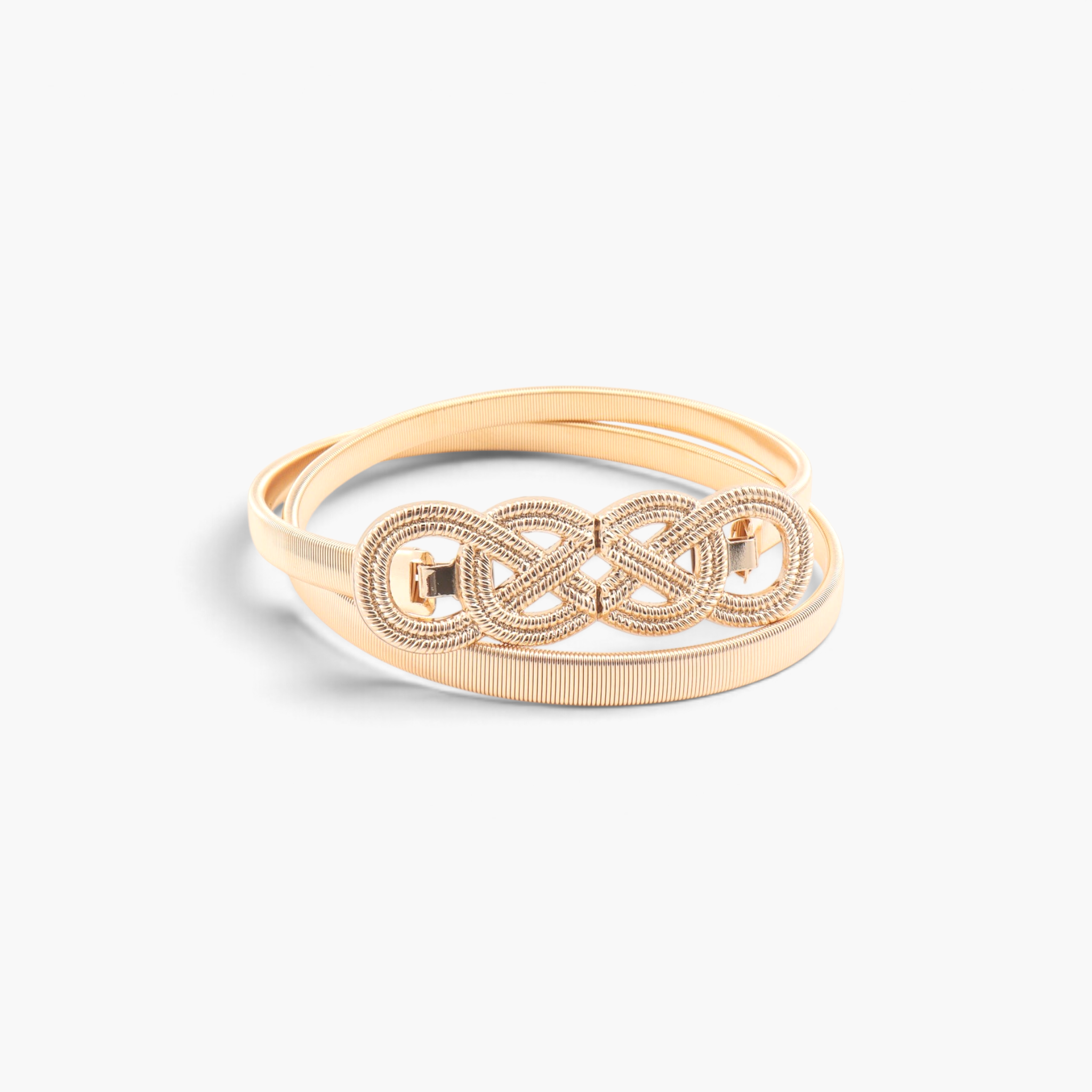 Beach Rose Co. gold metal waist belt featuring a slim, finely ridged band and an intricate interwoven knot buckle.
